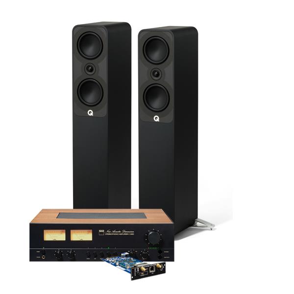 NAD C 3050 Integrated Amplifier with NAD MDC2 BluOS-D Module Q Acoustics 5040 Floorstanding Speakers
