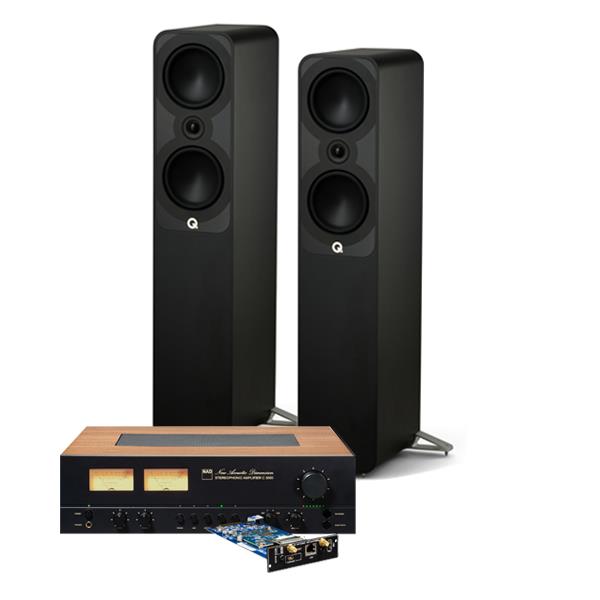 NAD C 3050 Integrated Amplifier with NAD MDC2 BluOS-D Module Q Acoustics 5050 Floorstanding Speakers