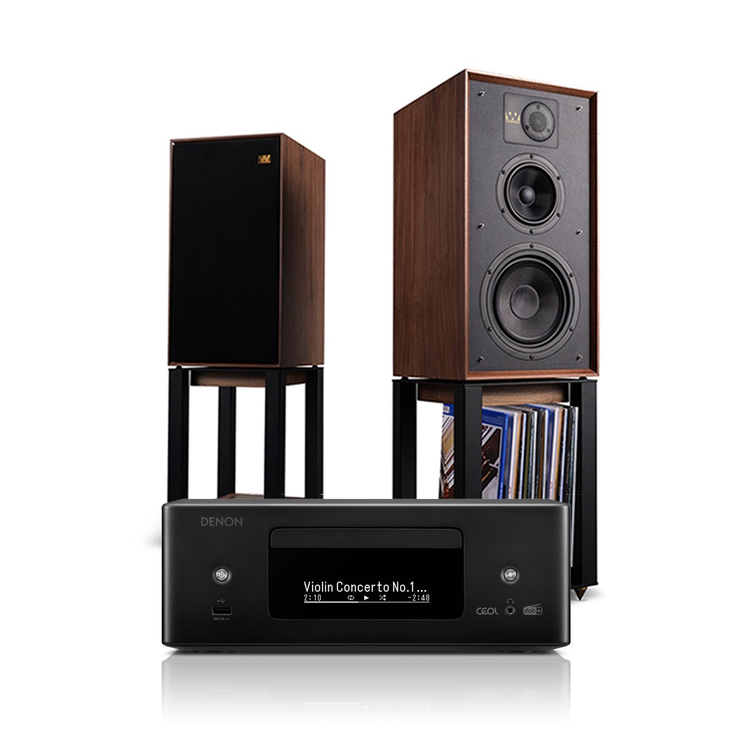 Denon CEOL RCD-N12DAB CD/DAB/Streaming System Wharfedale LINTON Speakers with Wharfedale LINTON Stands