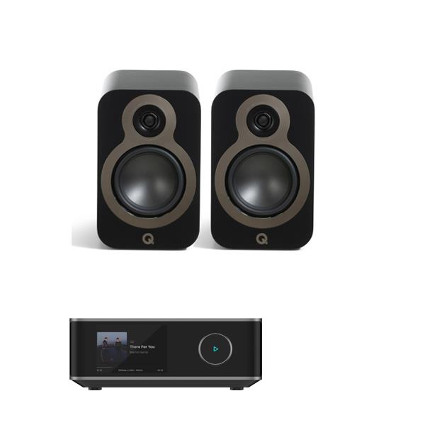 WiiM Amp Ultra Streaming Amplifier Q Acoustics 3030c Bookshelf Speakers