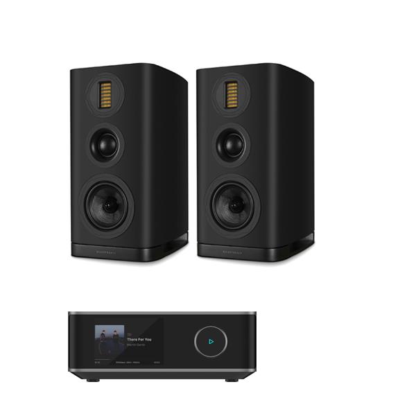 WiiM Amp Ultra Streaming Amplifier Wharfedale EVO 5.2 Bookshelf Speakers