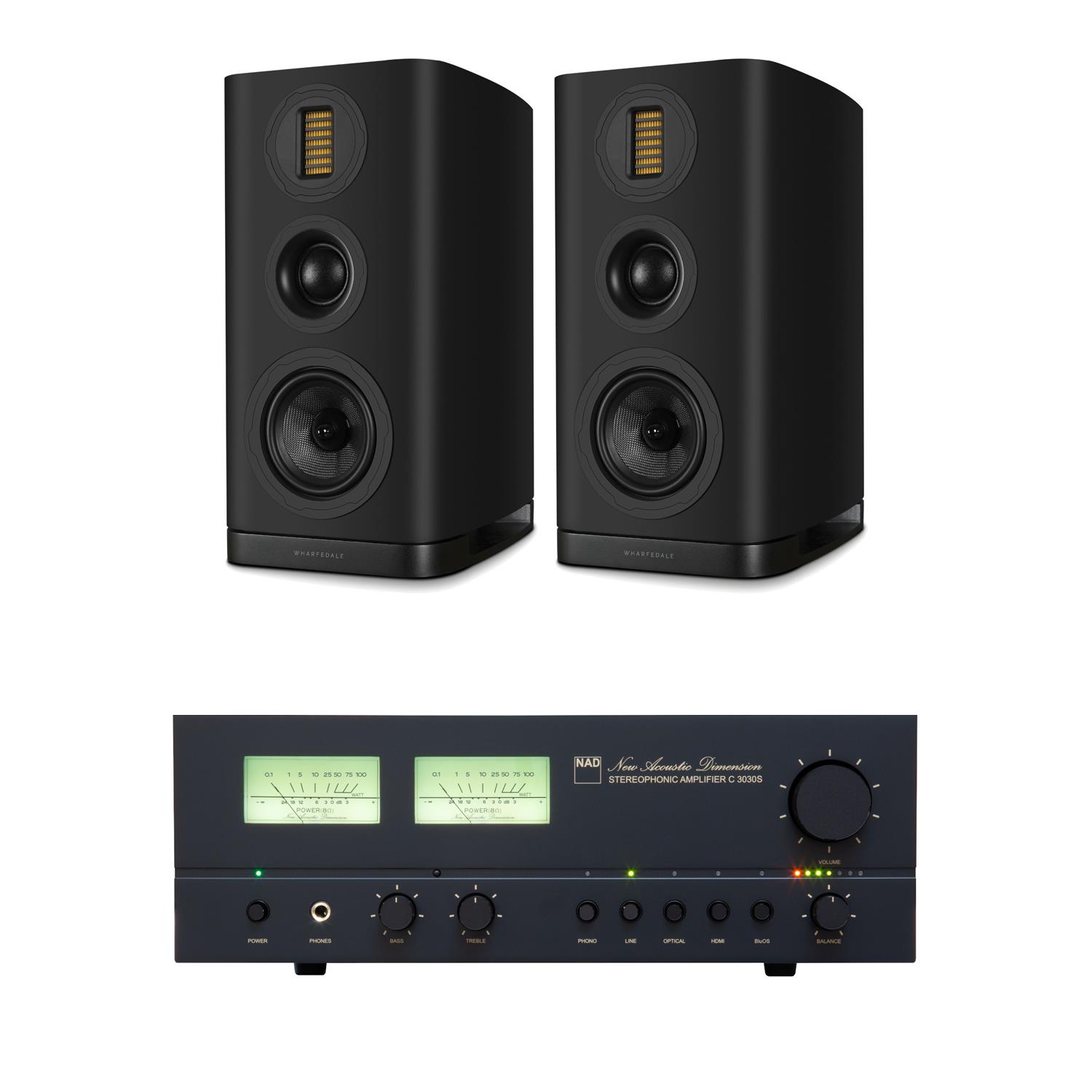 NAD C 3030S BluOS Streaming Amplifier Wharfedale EVO 5.2 Bookshelf Speakers