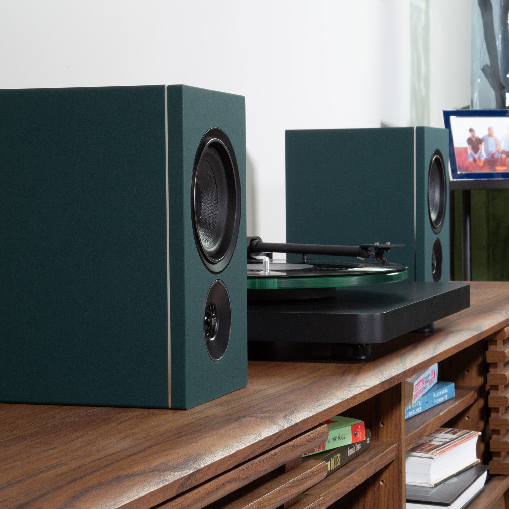 PSB iQ speakers in a living room with turntable