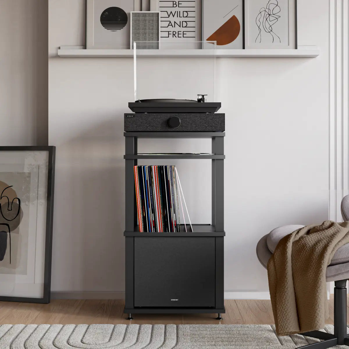 Black SpinBase system on a matching record-storage stand, with turntable and lower subwoofer.