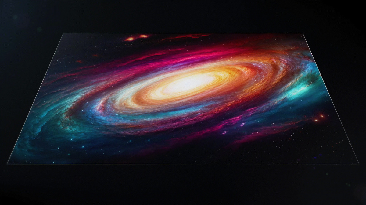 Illustration of a bright spiral galaxy displayed against a dark background.