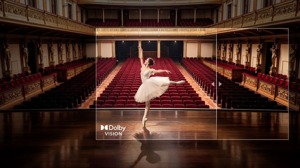 Ballet dancer in a theatre with a framed comparison area and the Dolby Vision logo.