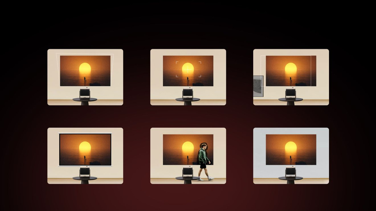 Six setup illustrations showing a sunset projection, including alignment, focusing, obstacle avoidance and a person crossing the light path.
