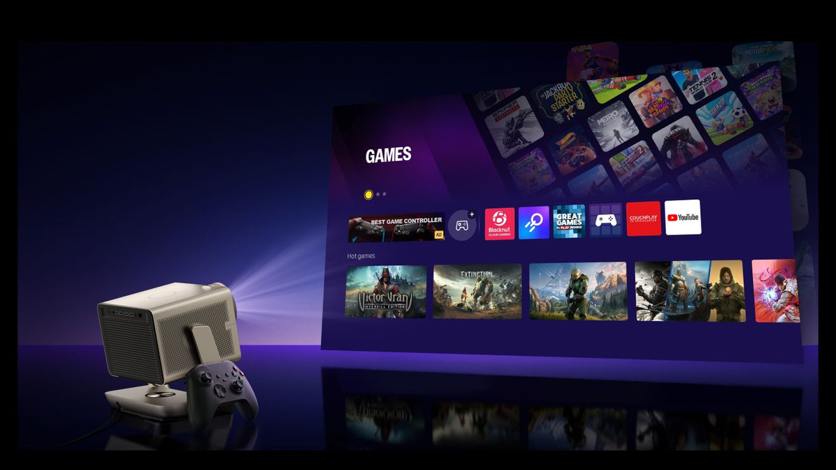 Projector and a games controller in front of a projected VIDAA Games menu.