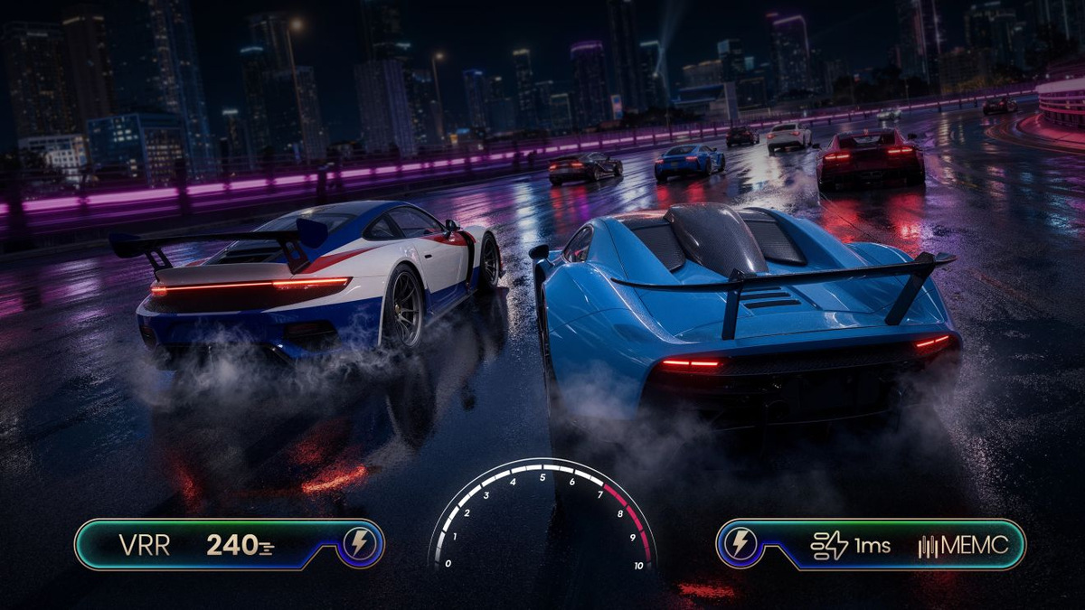Racing-game scene with sports cars on a wet city road and VRR, refresh-rate and latency graphics.