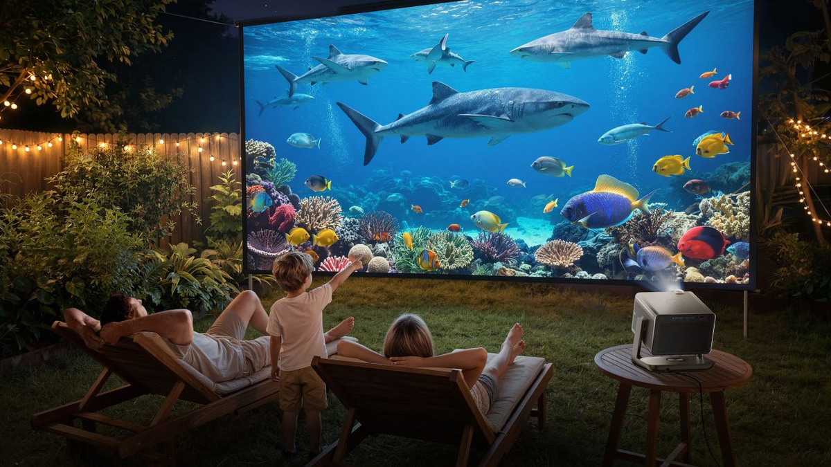 People reclining outdoors in front of a large projected underwater scene with sharks, fish and coral.