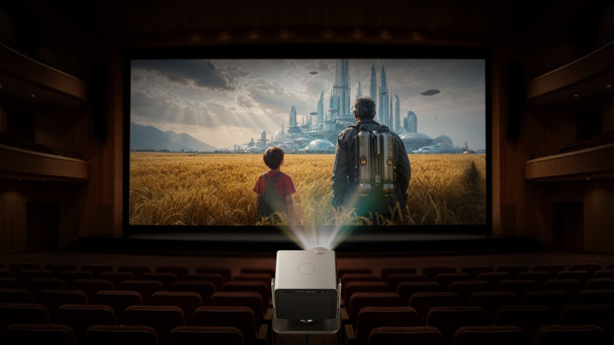 Projector in a cinema-style room displaying a science-fiction scene with two figures facing a distant futuristic city.
