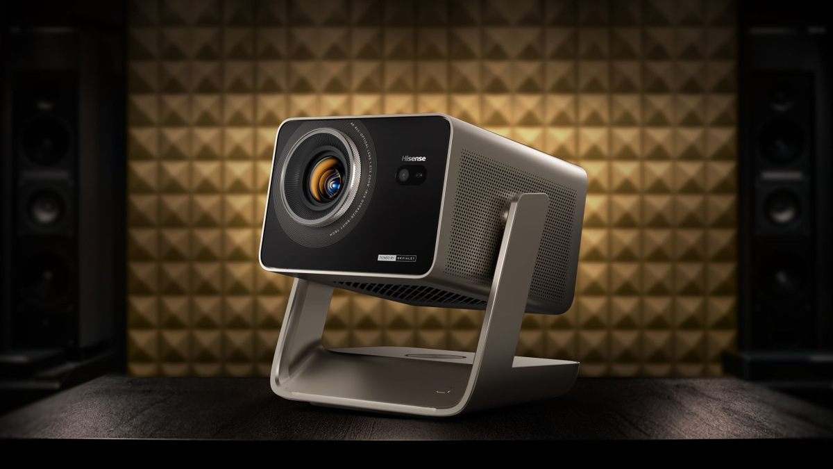 Angled view of the Hisense C3 Ultra on its gimbal stand in an acoustically treated room.