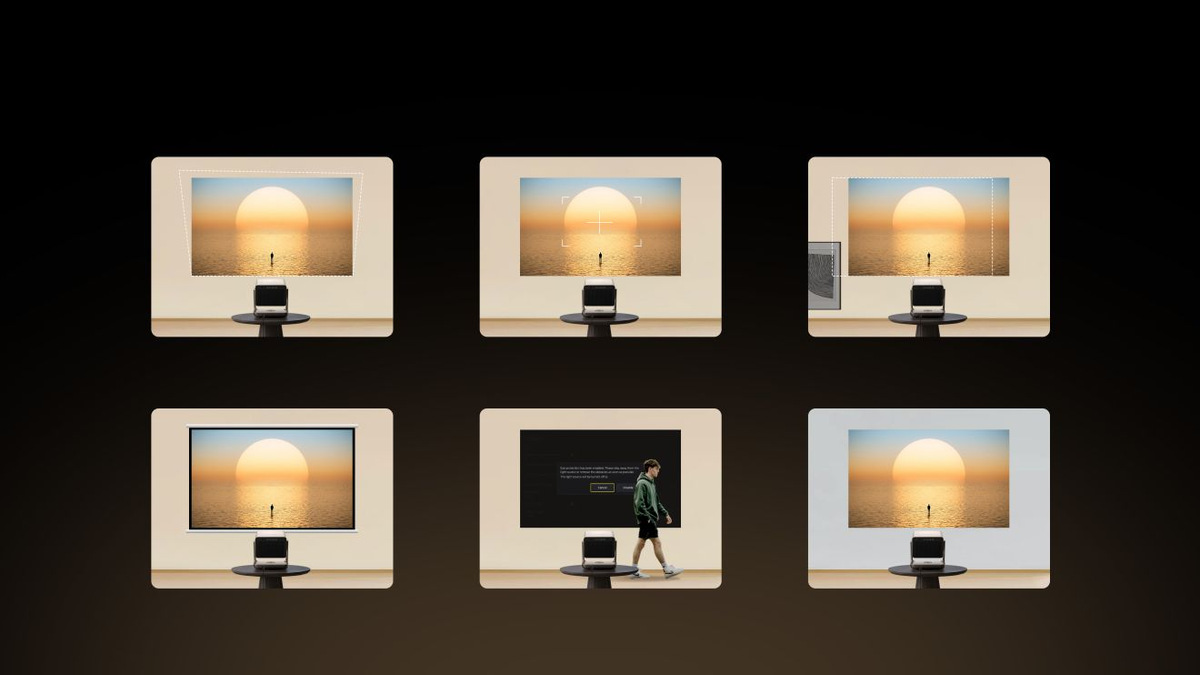Six setup illustrations showing a sunset projection, including alignment, focusing, obstacle avoidance and a person crossing the light path.