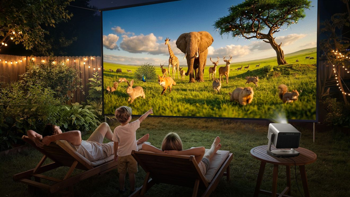 People reclining outdoors in front of a large projected wildlife scene showing an elephant and other animals.
