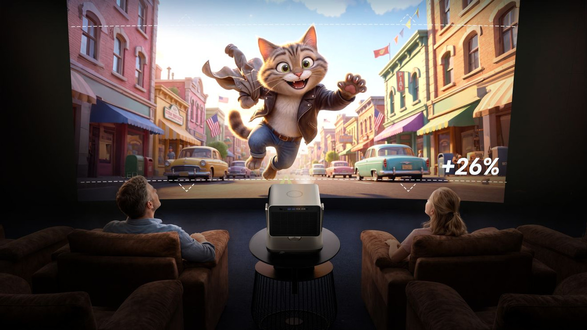 Two viewers watching an animated cat scene, with a +26% graphic illustrating an expanded picture.