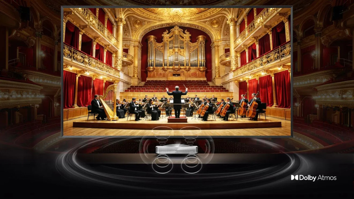 Orchestra projected above the Hisense PX4 Pro, with illustrated sound waves and a Dolby Atmos logo.