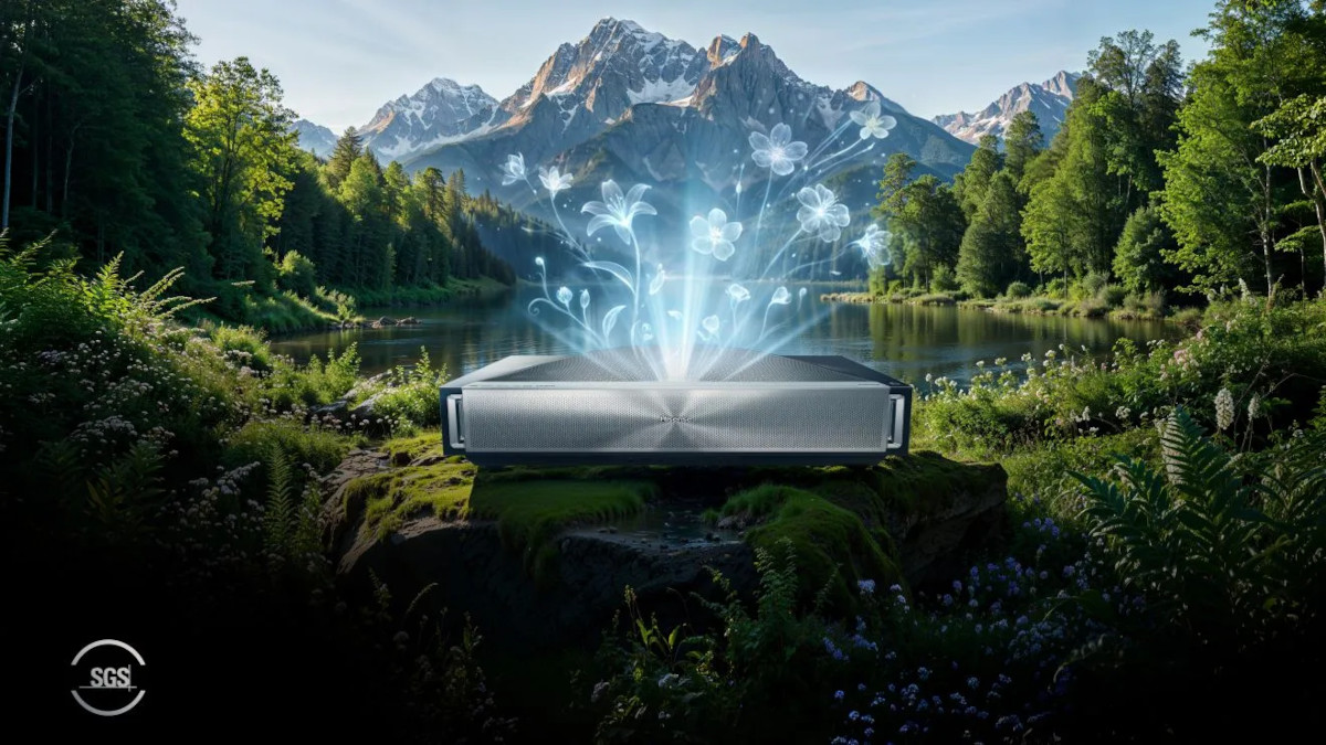Hisense PX4 Pro pictured in a stylised mountain and forest landscape with glowing flower graphics and an SGS logo.