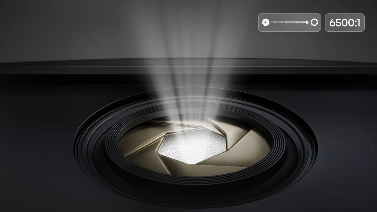 Illustration of an adjustable iris aperture with light passing through its centre.