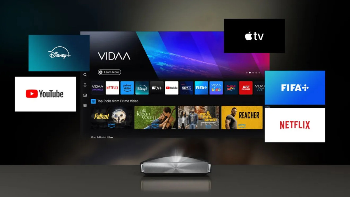 Hisense PX4 Pro beneath a VIDAA home screen with streaming-service logos including Netflix, YouTube, Disney+ and Apple TV.