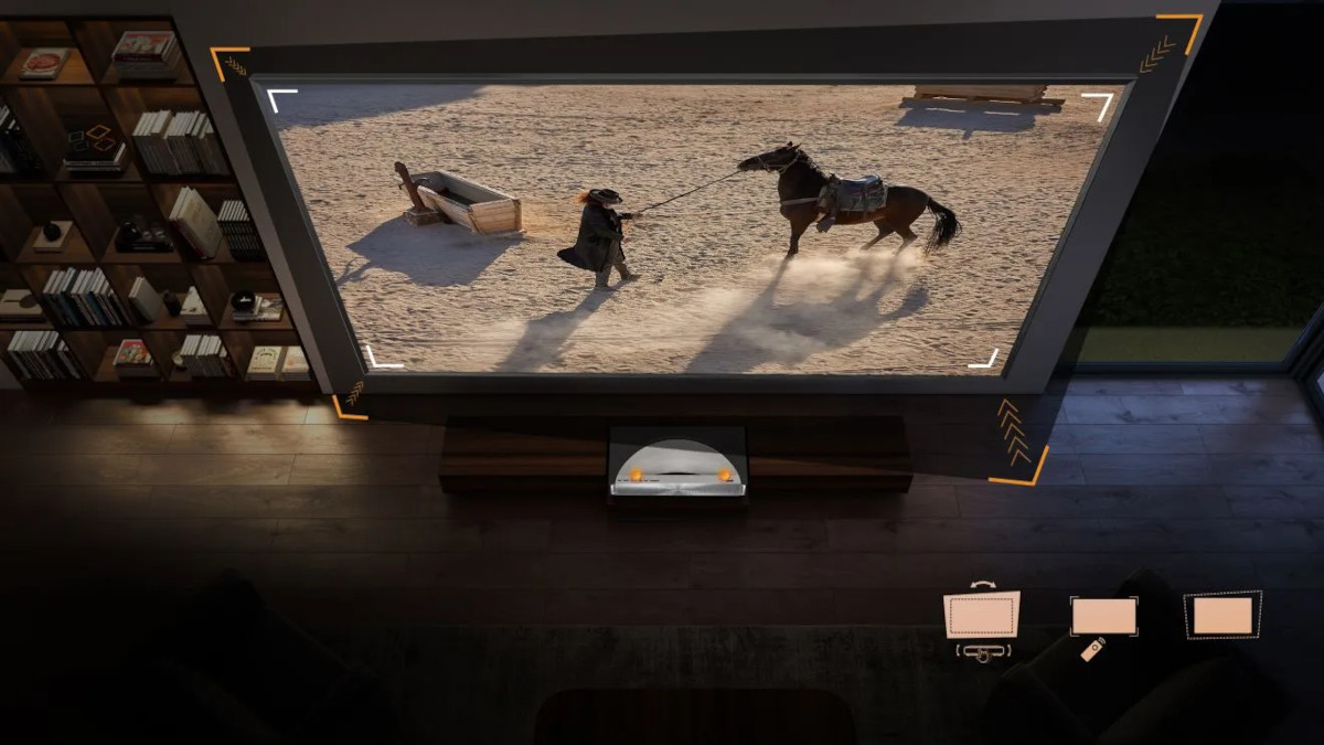 Projected horse scene with corner markers and an angled outline illustrating automatic screen alignment.