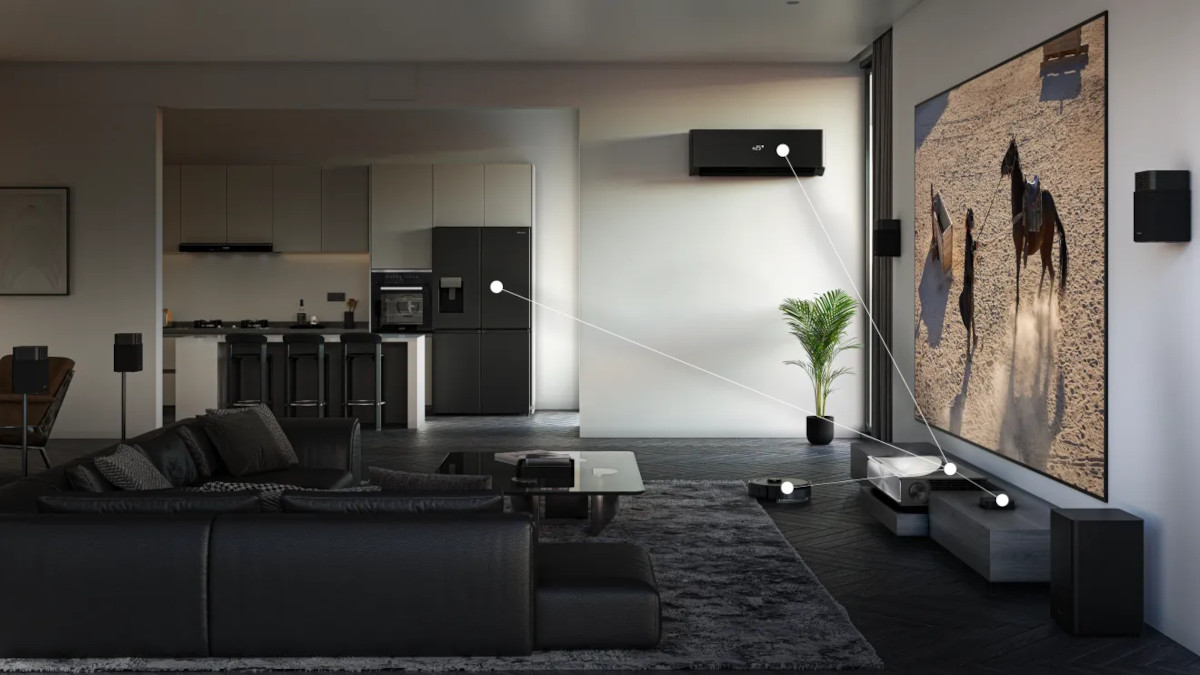 Living room with a projected horse scene and connecting lines illustrating control of the projector, lighting and other equipment.