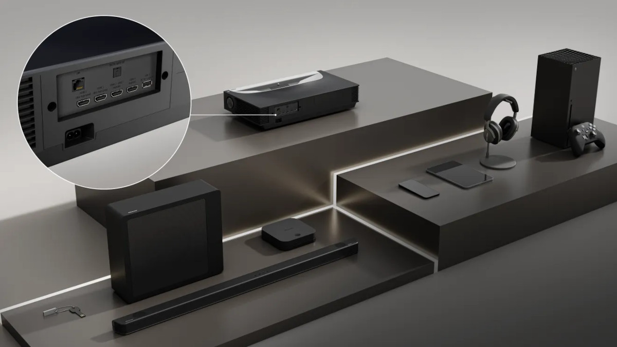 Hisense PX4 Pro with entertainment devices, headphones and a games console, plus an inset showing its rear connections.