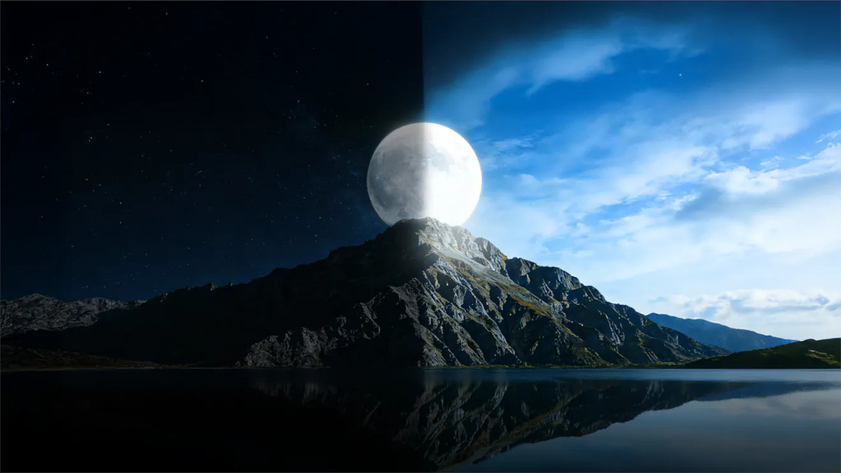 Mountain and lake scene split between dark night-time and bright daytime views.