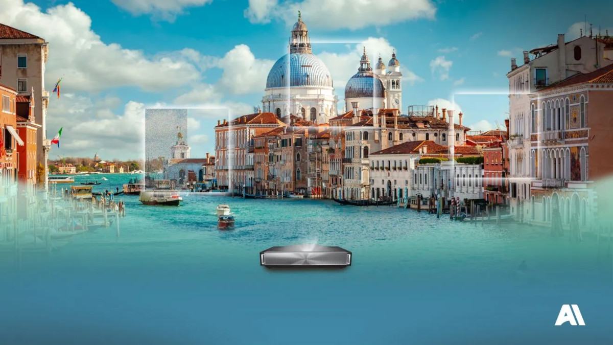 Waterfront scene with domed buildings and comparison panels illustrating differences in picture clarity.