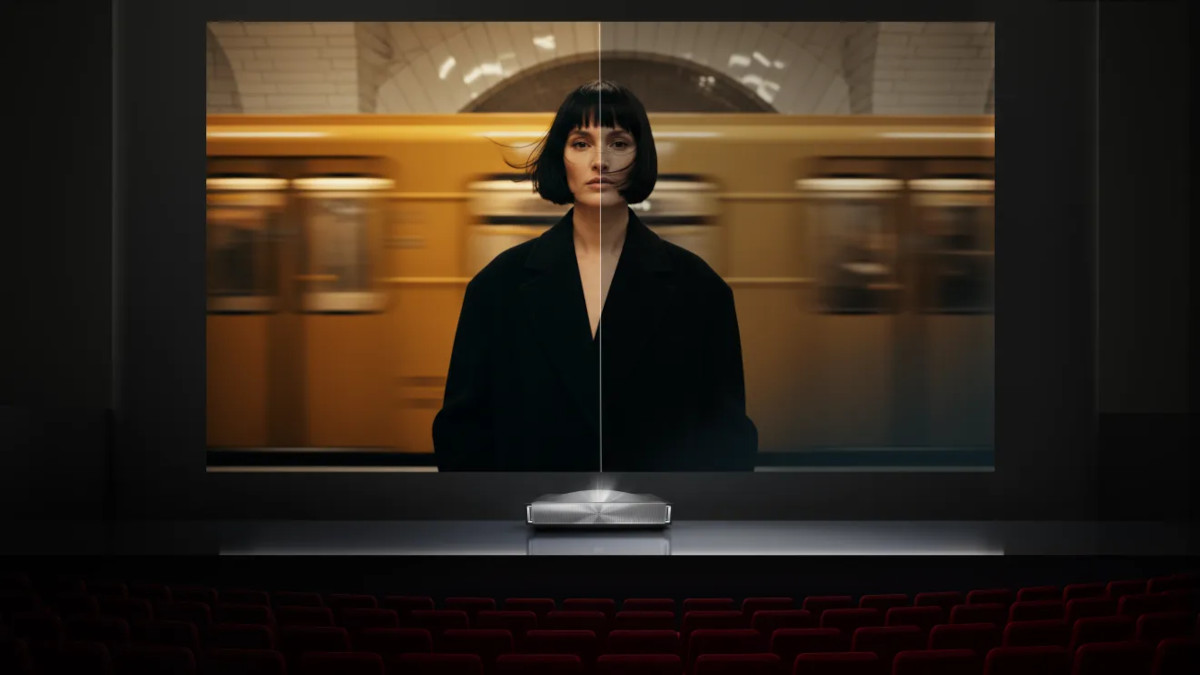 Projected scene of a woman in front of a moving train, split vertically to compare picture appearance.